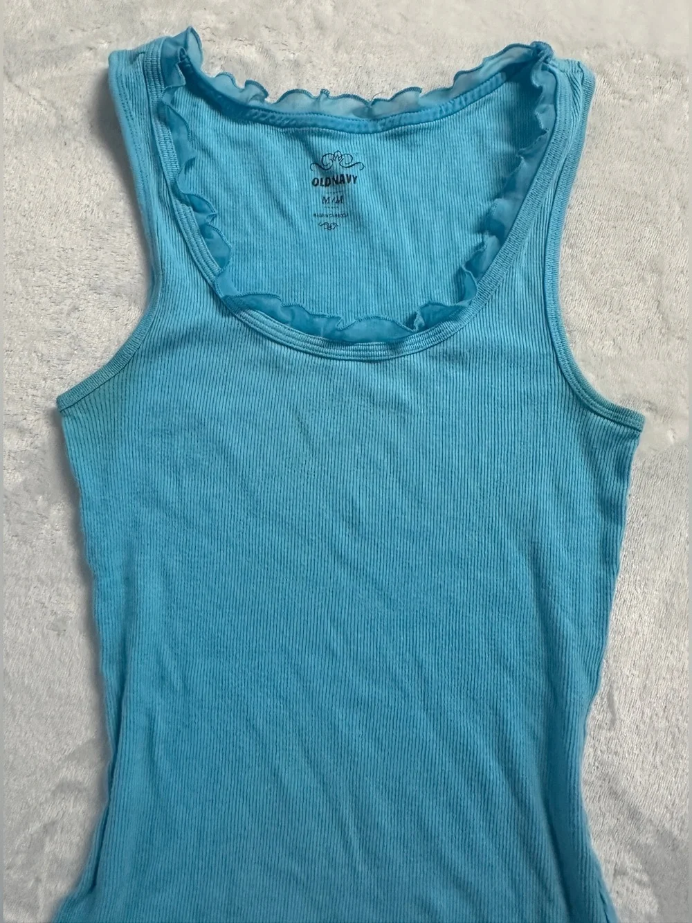 Y2K OLD NAVY women's blue frilly trim ribbed tank, M. - Picture 3 of 5